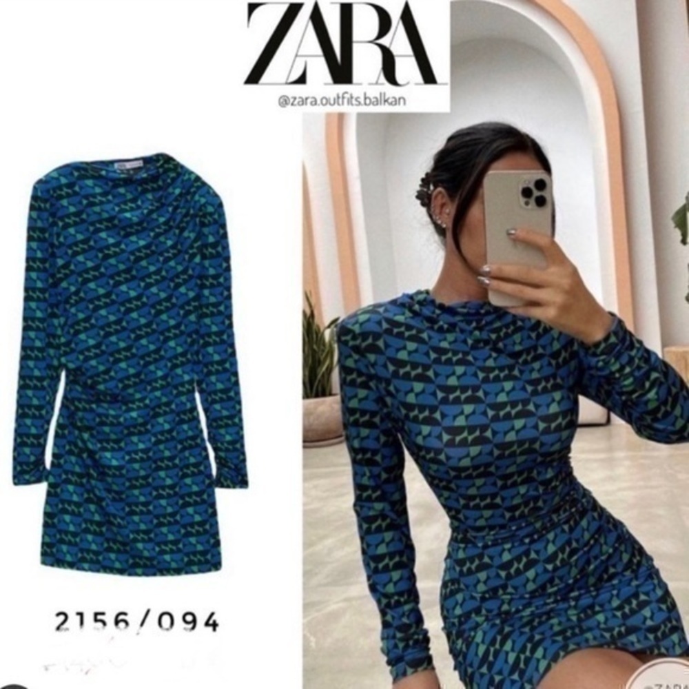 ZARA printed dress with draping long sleeves shoulder pads 2156/094